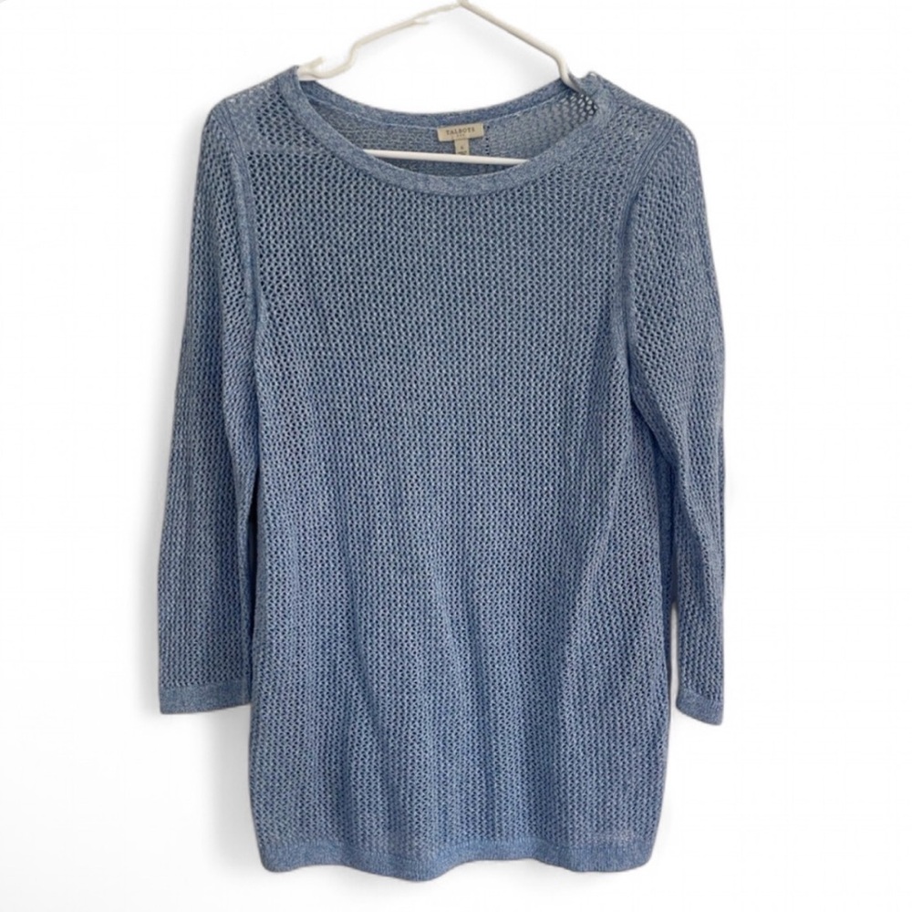 Talbots Sweater Women's Blue Mesh Cotton Open Knit Boat Neck Long Sleeve Small